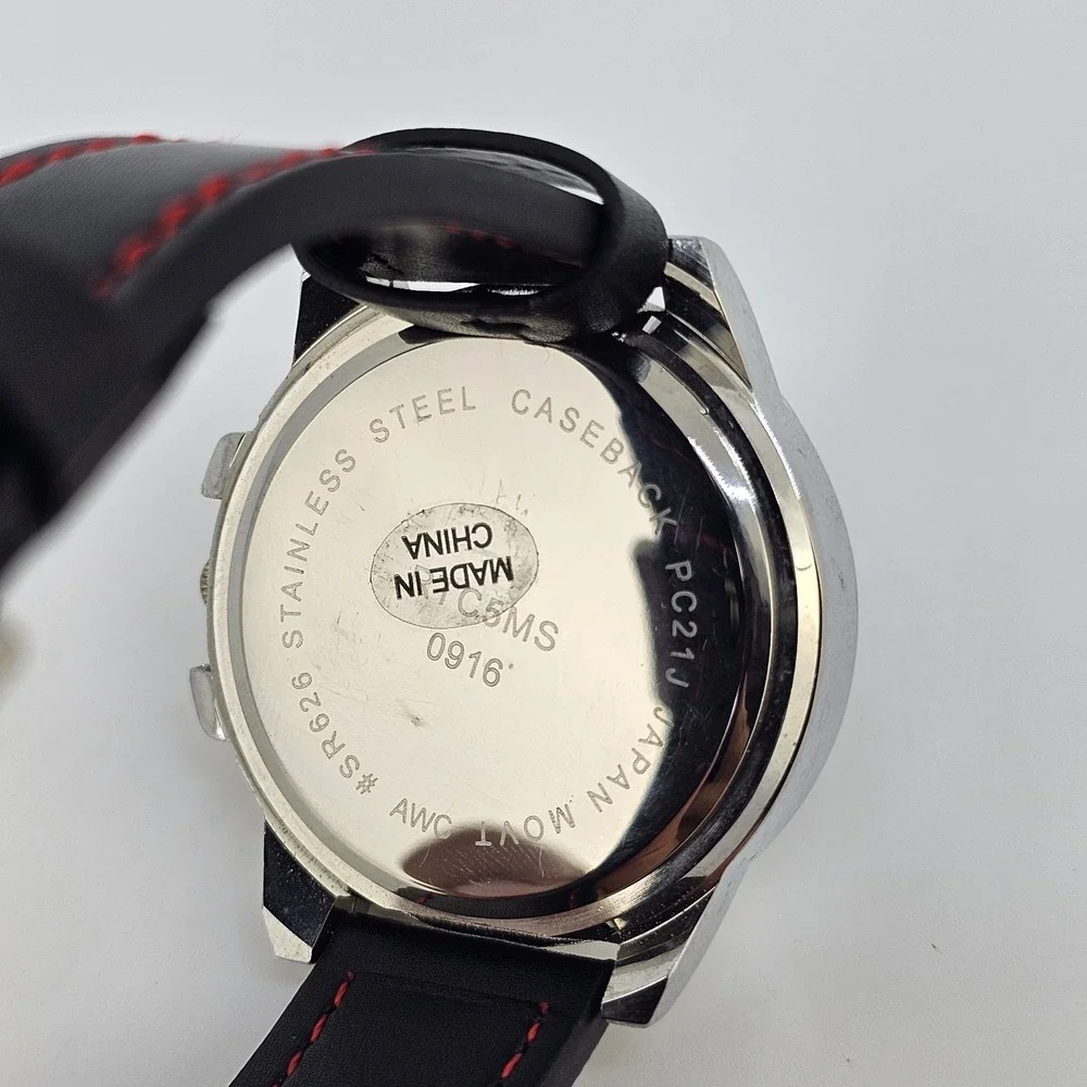 Men's Analog Watch 44MM Black Dial‎ Black Red Faux Leather Bands New Battery